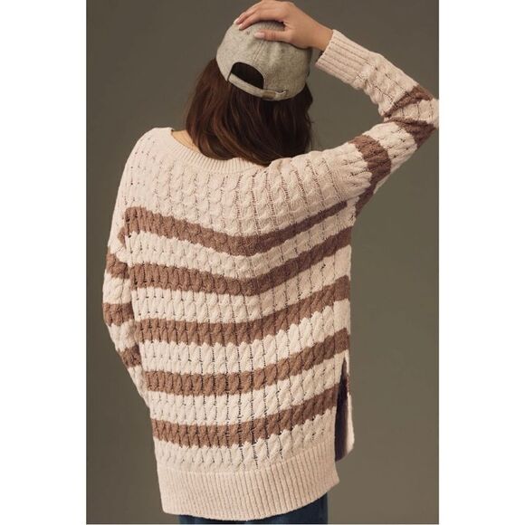 NEW Anthropologie Pilcro Camel Longline Stitch Striped Tunic Knit Sweater Small - Picture 4 of 8